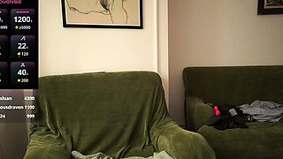 Busty curly brunette with big boobs fucks on couch