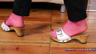 Sensual Dangling & Shoeplay in Pink Pantyhose - Loafers & Clogs