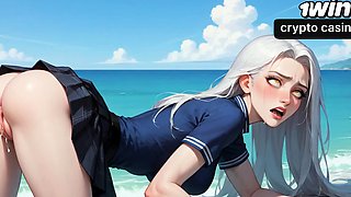 A sexy, hard-core beach honey is having an climax with
