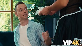 Vip4k. mature cougar in maid costume cleans with her tongue