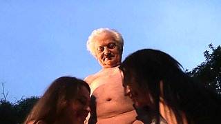 Old fat daddy outdoor 69 fuck with 2 busty hot teens