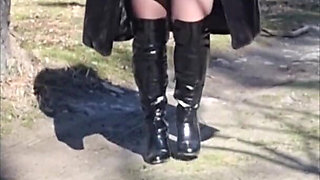 Julie Walking Through a Car Park Wearing Fur Coat, See Her Bound Tits Sticking Out