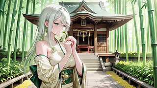 Silver-Haired Shrine Maiden Secrets! Languidly reclining in a red corridor, her bare shoulders and lush thighs exposed.