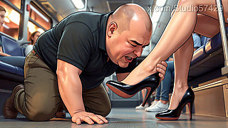 Shoe Pervert Licks Women's Shoes on a Crowded Bus