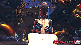 Nessa 3D Hentai Animation - Busty Girl in Sexy Bodysuit and Blue Latex Gloves Delivers Fetish Handjob Service Cumshot