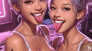 Cyberpunk Lesbians Tongue and Kiss Fetish, Ai Animation