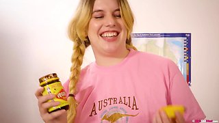 Pigtailed blonde fatty enjoys Vegemite