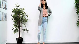 Amateur busty brunette masturbates and does hand job