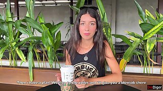 Blowjob in a Public Toilet Starbucks and Cumwalk - She drinks coffee with cum on face among people