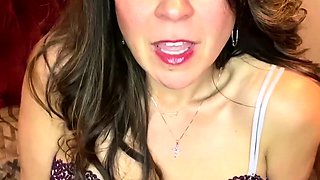 Busty curly brunette with big boobs fucks on couch