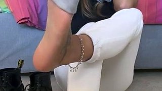 Blonde in stockings foot fetish and pussy pounding