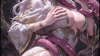 White-haired Elven Priestess with Worm Monster, Anime Hentai