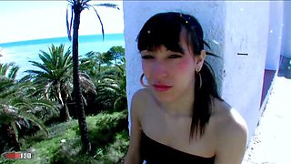Tiny Brunette Babe Gets Her Small Ass Pounded by Old Pervert Outdoors