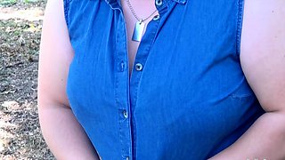 Short and thick brunette outdoor pising and public flashing