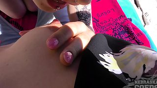 Public Beach Lesbian Oral Sex with Tattooed Babes