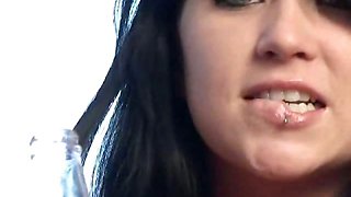 Lusty brunette teen Josie showing her pierced tongue and
