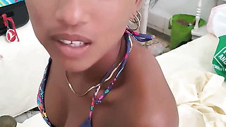 Skinny Sexy Ebony Latina Cuban Lobita Drying off after a shower and putting on a Bikini