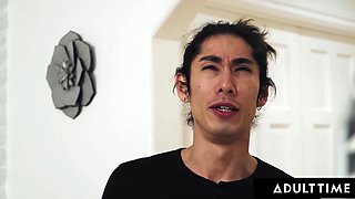 Classy blonde lady ignores her Asian hubby's sex desires and gets punished