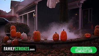 Step-dad & stepdaughter are fat bad wolf & little red riding rubber hood for halloween & step-mom is envious