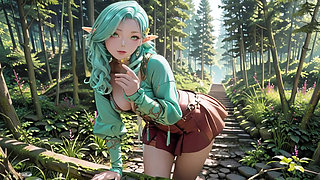Forest Fantasy! Green-haired Mage & Blue Elf in a Private Walk, Kneeling under dappled sunlight with teasing wands.