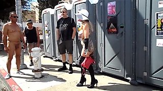 Busty mature exhibitionist with groping in public