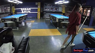 Curvy bottom Thai GF plays pool and blowjobs