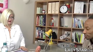 Gilf doctor with big tits impaled deep on a hard black cock