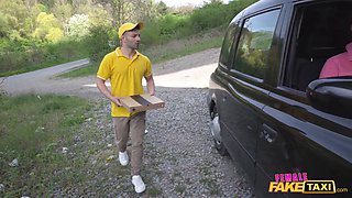 Brunette delivery girl in thong fucks pizza guy in hardcore delivery video