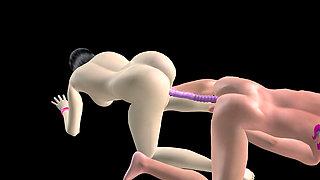 Animated 3D Porn - Beautiful Girl and Asian Man Double Dildo Doggy While Man Stroking