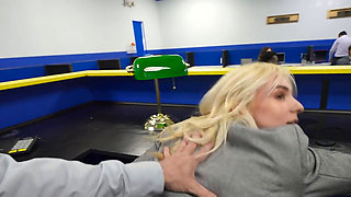 Petite blonde office worker having sex at work in a new office