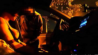 Slutty amateur flashing her big boobs in the backseat