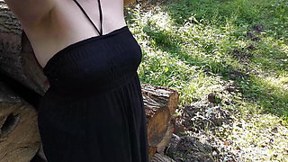 Tits in black dress - slapping outdoor