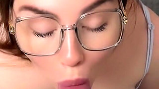A Young, Cute Beauty in Glasses Received a Portion of Sperm in Her Mouth!