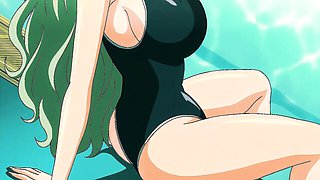 Four anime girls in black one-piece swimsuits on teal indoor pool deck